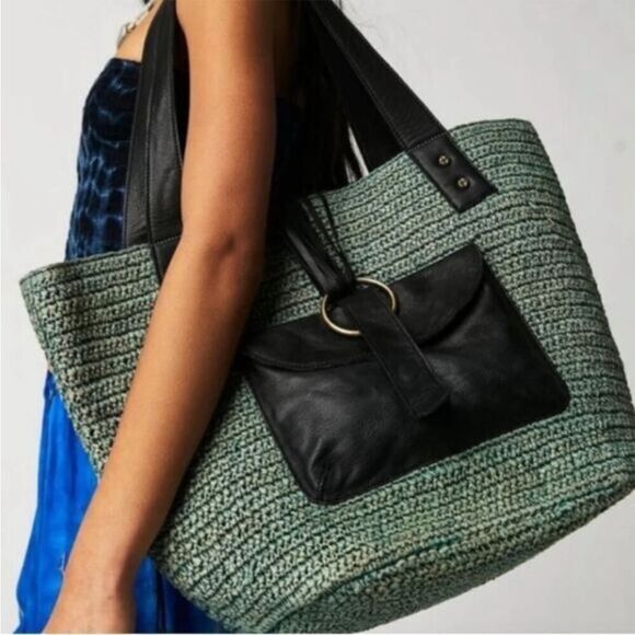 Free People En Riva Raffia Tote Blue Black New